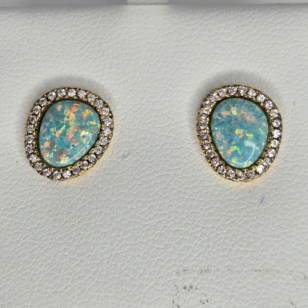 New 18K Gold over Sterling‎ Silver Lab Created Opal Halo Stud Earrings